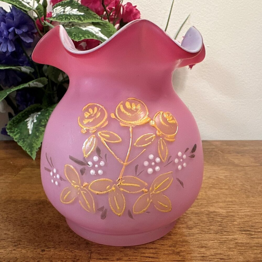 Pink Satin Glass Ruffled Vase Hand Painted Gold‎ Florals Likely Fenton Vintage